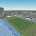Modern School Building With Running Track Green Lawn And Students Activities