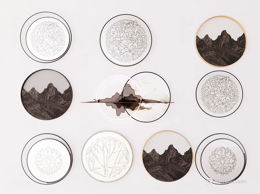 Round Wall Decor with Mountain Tree Patterns and Gold Black Metal Frames for Modern Interior 3d model