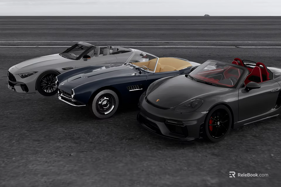 Three Sleek Convertible Sports Cars Parked On Open Asphalt Ground With Stylish Designs 3d model 