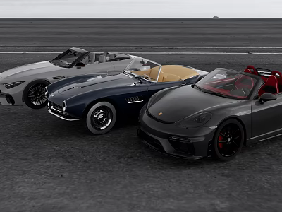 Three Sleek Convertible Sports Cars Parked On Open Asphalt Ground With Stylish Designs 3d model