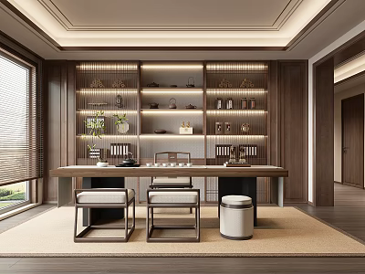 Modern Tea Room Interior Design With Wooden Shelves Tea Sets And Table Chairs 3d model
