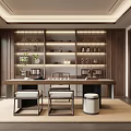 Modern Tea Room Interior Design With Wooden Shelves Tea Sets And Table Chairs