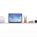 Laptop on Gray Desk Mat with Metal Wire File Holder Pen Holder Calendar Smartwatch Charger