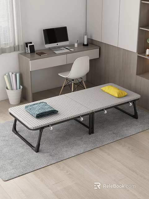 Folding Bed With Gray Striped Mattress Yellow Pillow Blue Blanket On Gray Carpet 3d model 