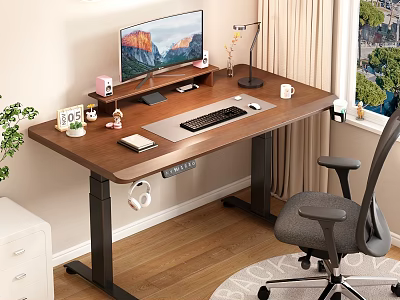 Functional Ergonomic Wooden Desk with Monitor Keyboard Mouse Lamp Notebook and Chair 3d model