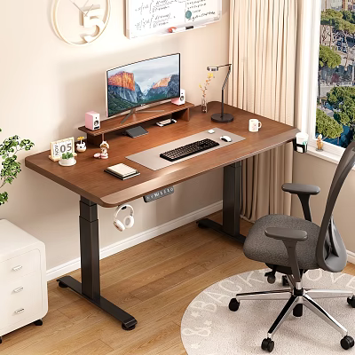 Functional Ergonomic Wooden Desk with Monitor Keyboard Mouse Lamp Notebook and Chair 3d model