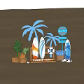 Summer Beach Party Setup With Surfboards Palm Trees Lifesaver And Wooden Crates