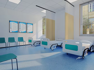 Bright Hospital Ward With Green Chairs Beds Wall Posters And Curtains 3d model