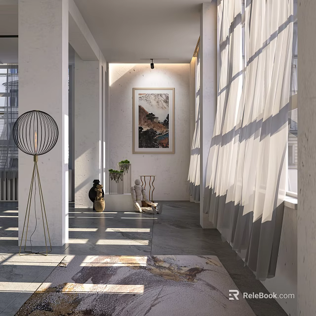 Modern Elevator Hallway with White Curtains Sunlight Floor Lamp Wall Artwork and Area Rug 3d model 