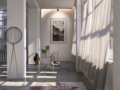 Modern Elevator Hallway with White Curtains Sunlight Floor Lamp Wall Artwork and Area Rug 3d model