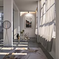 Modern Elevator Hallway with White Curtains Sunlight Floor Lamp Wall Artwork and Area Rug