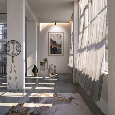 Modern Elevator Hallway with White Curtains Sunlight Floor Lamp Wall Artwork and Area Rug 3d model