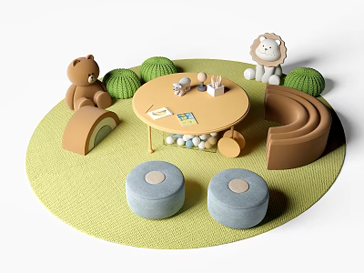 Round Kids Table with Green Rug Blue Stools Stuffed Animals and Curved Seat 3d model