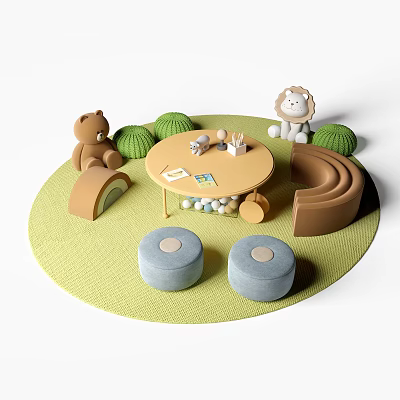 Round Kids Table with Green Rug Blue Stools Stuffed Animals and Curved Seat 3d model