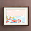 Colorful Harbor Landscape Painting With Boats Dock And Coastal Buildings Under Blue Sky