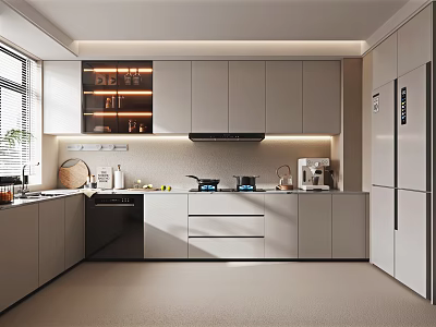 Bright Modern Kitchen Interior Design With White Cabinets Appliances And Lighting 3d model