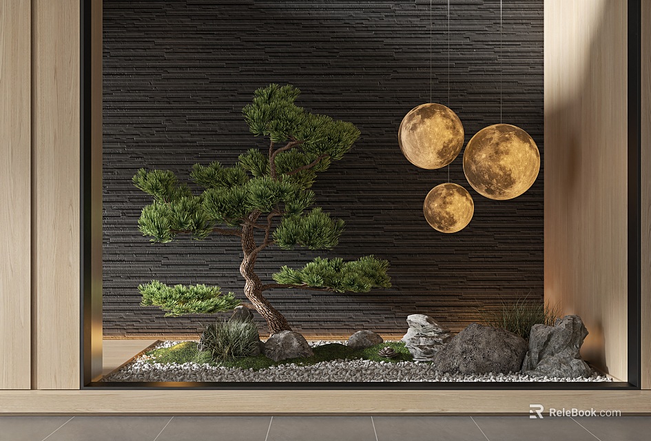 Indoor Landscape With Bonsai Pine Tree Moon Shaped Pendant Lights Dark Textured Wall And Pebbles 3d model 