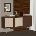 Modern Wooden Sideboard with Woven Doors Drawers and Metal Legs Adorned with Decorative Items