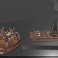 Elegant Glass Wine Bottle And Multiple Glasses Arranged On Wooden Serving Trays