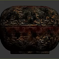 Antique Carved Round Lacquer Box With Red Brown And Gold Patterns