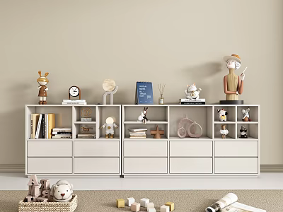 Decorative Ornament Collection on Shelf with Deer Figurine Clock Globe Books Drawers and Wicker Basket 3d model
