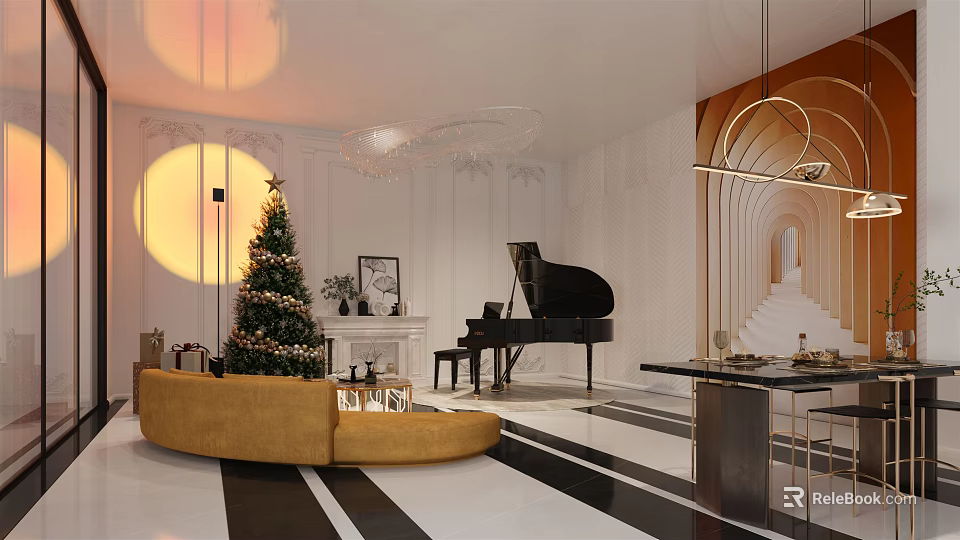 Modern Living Dining Room With Yellow Curved Sofa Black Piano Christmas Tree Fireplace Striped Flooring 3d model 