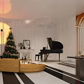 Modern Living Dining Room With Yellow Curved Sofa Black Piano Christmas Tree Fireplace Striped Flooring