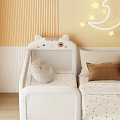 White Kids Bed With Cat Shaped Headboard Moon Plush Polka Dot Sheets Star Moon Decor
