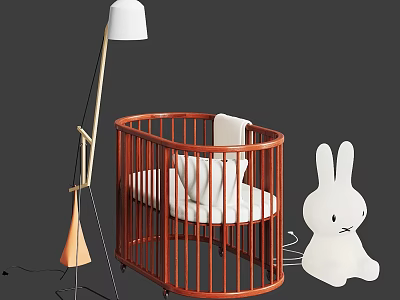 Wooden Baby Crib With Curved Railings White Mattress White Floor Lamp And White Rabbit Decoration 3d model