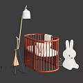 Wooden Baby Crib With Curved Railings White Mattress White Floor Lamp And White Rabbit Decoration