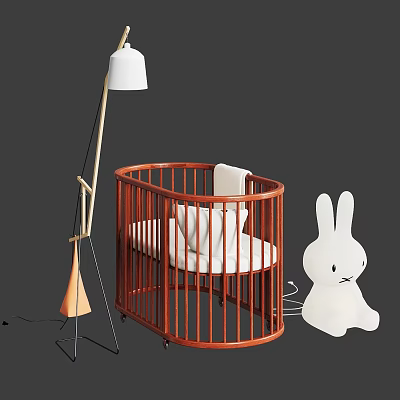 Wooden Baby Crib With Curved Railings White Mattress White Floor Lamp And White Rabbit Decoration 3d model
