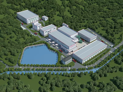 Modern Industrial Factory Complex Surrounded by Lush Green Trees and Lake View 3d model