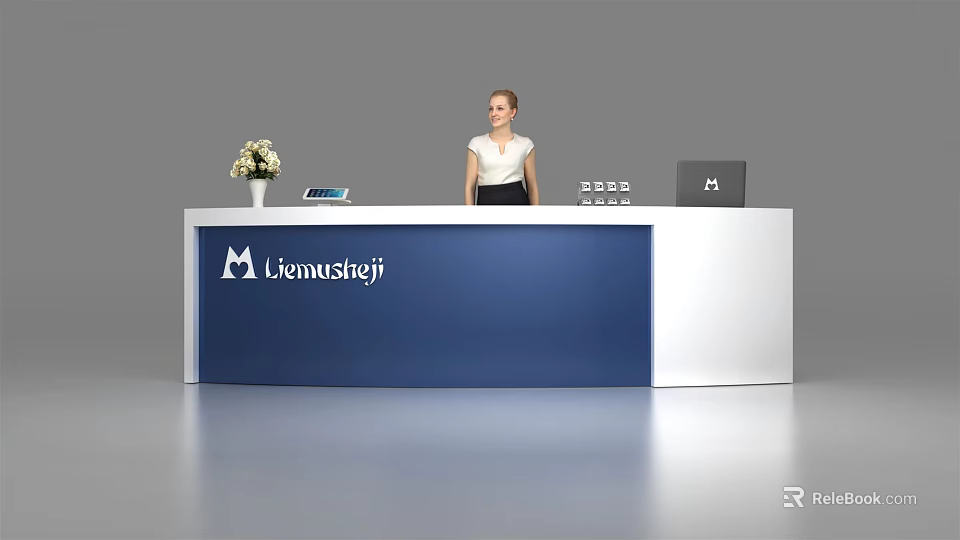 Modern Blue And White Reception Desk With Menuusheji Logo Vase Tablet And Laptop 3d model 
