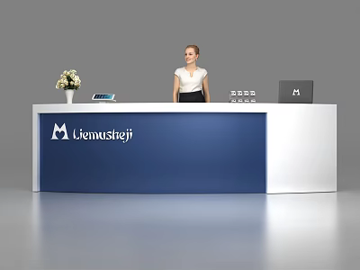 Modern Blue And White Reception Desk With Menuusheji Logo Vase Tablet And Laptop 3d model