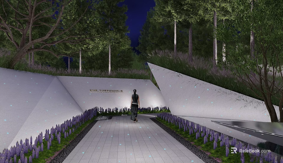 Modern Garden Landscape Design With Stone Pathway Purple Flowers And Illuminated Trees 3d model 