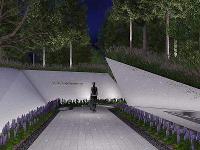 Modern Garden Landscape Design With Stone Pathway Purple Flowers And Illuminated Trees 3d model