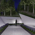 Modern Garden Landscape Design With Stone Pathway Purple Flowers And Illuminated Trees