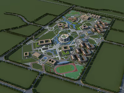 Aerial View of Modern School Buildings With Central Plaza Green Spaces and Sports Field 3d model