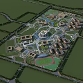 Aerial View of Modern School Buildings With Central Plaza Green Spaces and Sports Field