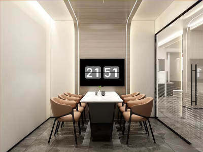 Modern Lounge Area Featuring White Long Table Light Brown Chairs Digital Time Display Screen 3d model