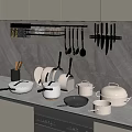 Organized Kitchen Wall With Spice Rack Hanging Utensils Knives Countertop Pots And Frying Pan