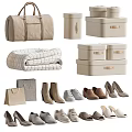 Neutral Tones Clothes Collection With Hanging Dresses Shirts Handbags Shoes And Suitcases