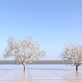 Three Snow Covered Arbor Trees Against Blue Sky On Square Tiled Open Ground 3d model