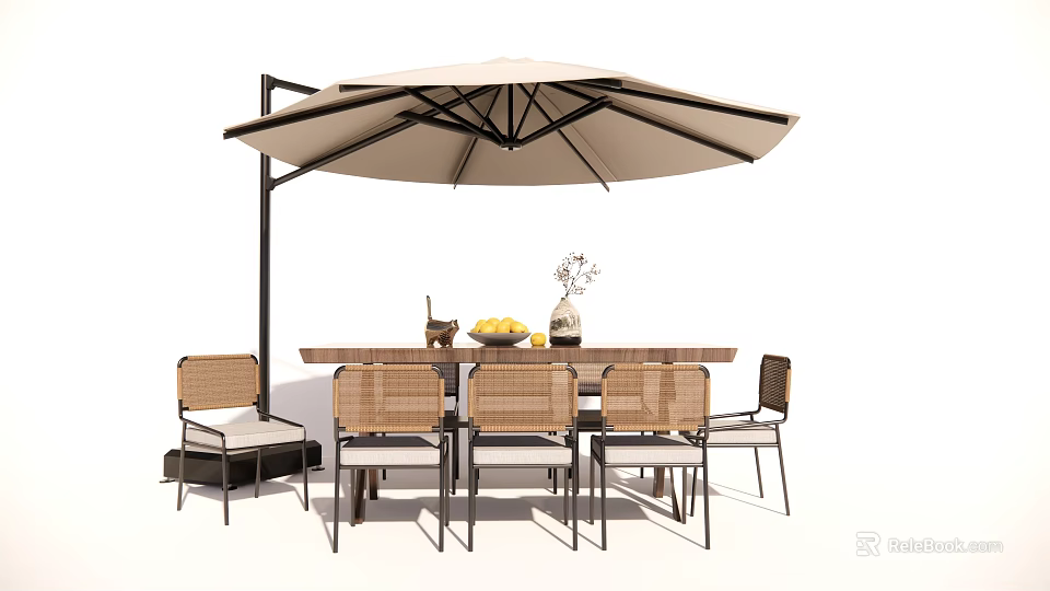 Outdoor Table And Chair Set With Beige Umbrella Wicker Chairs Decorative Vase And Fruit Bowl 3d model 