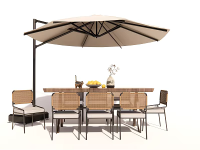 Outdoor Table And Chair Set With Beige Umbrella Wicker Chairs Decorative Vase And Fruit Bowl 3d model