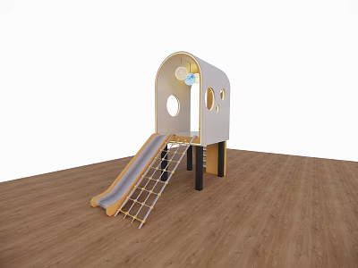 Modern Playground Equipment With Small Cabin Circular Windows Slide And Ladder On Wooden Floor 3d model