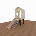 Modern Playground Equipment With Small Cabin Circular Windows Slide And Ladder On Wooden Floor