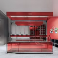 Modern Library Interior With Neatly Arranged Red Bookshelves And Transparent Partitions