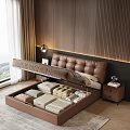Modern Brown Tufted Headboard Double Bed With Wooden Accent Wall And LED Strip Lighting