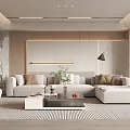 Modern Elegant Living Room Interior With Light Colored Sofa Wooden Elements And Marble Accent Wall